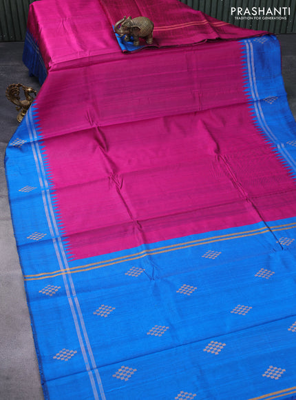 Pure dupion silk saree pink and cs blue with plain body and temple design zari woven butta border