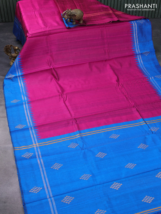 Pure dupion silk saree pink and cs blue with plain body and temple design zari woven butta border