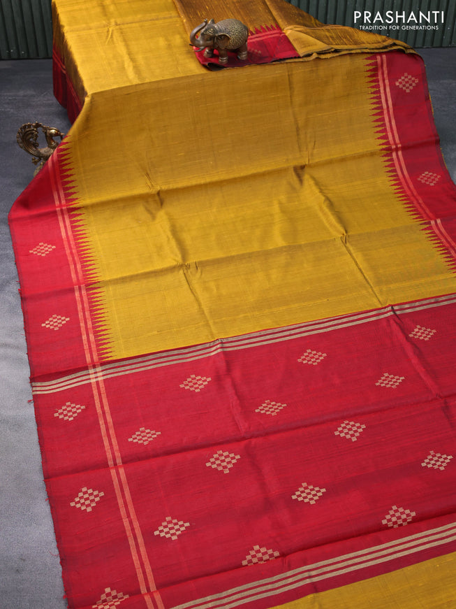 Pure dupion silk saree dark mustard and red with plain body and temple design zari woven butta border