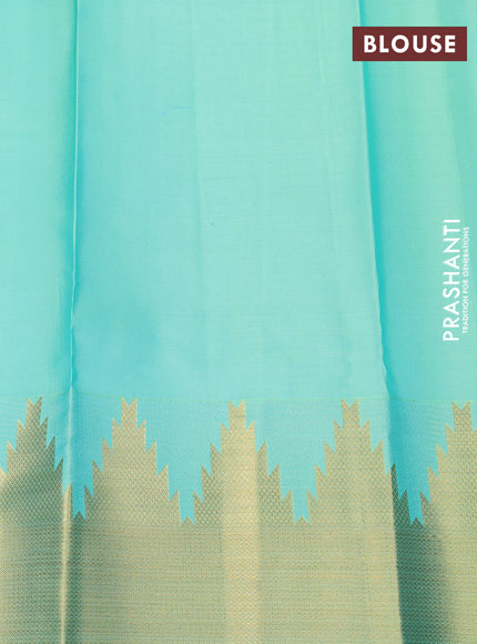 Pure kanchipuram silk saree teal blue with zari woven buttas and temple design zari woven border