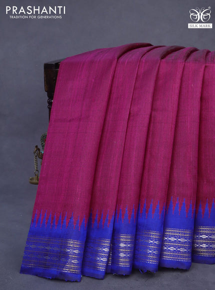 Pure dupion silk saree pink and blue with plain body and temple deisgn zari woven border