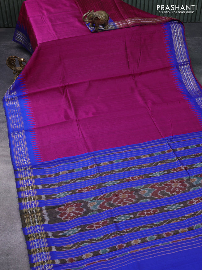 Pure dupion silk saree pink and blue with plain body and temple deisgn zari woven border