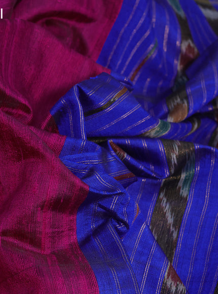 Pure dupion silk saree pink and blue with plain body and temple deisgn zari woven border