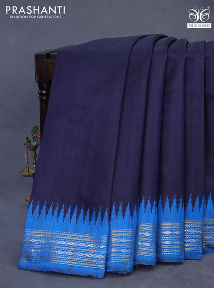 Pure dupion silk saree navy blue and cs blue with plain body and temple deisgn zari woven border