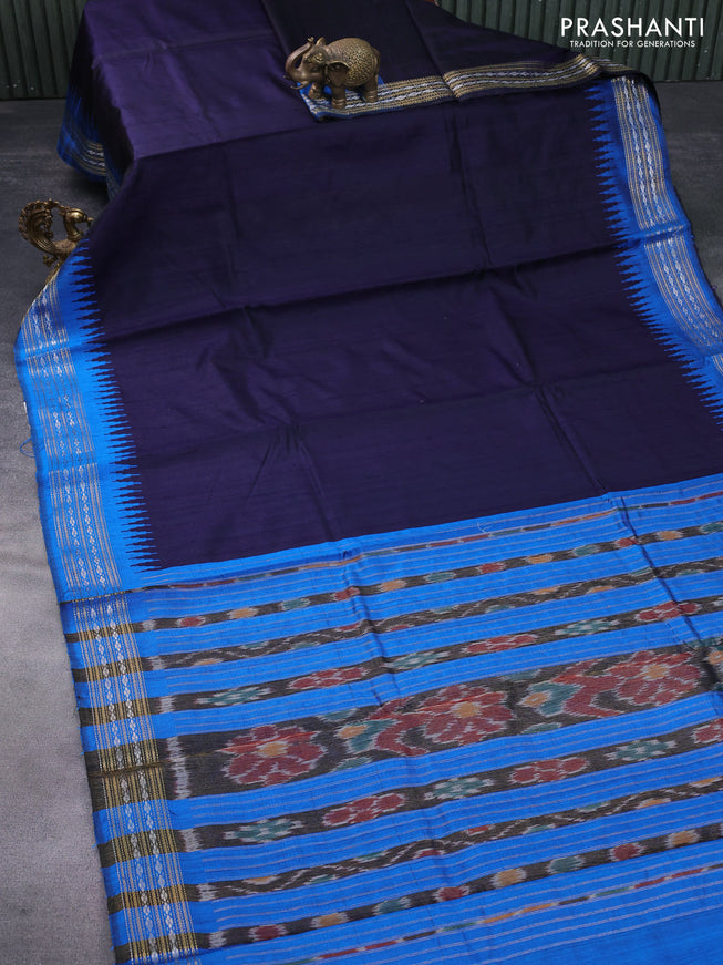 Pure dupion silk saree navy blue and cs blue with plain body and temple deisgn zari woven border