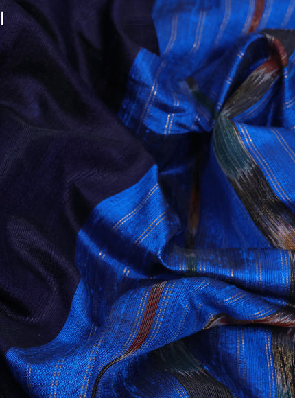 Pure dupion silk saree navy blue and cs blue with plain body and temple deisgn zari woven border