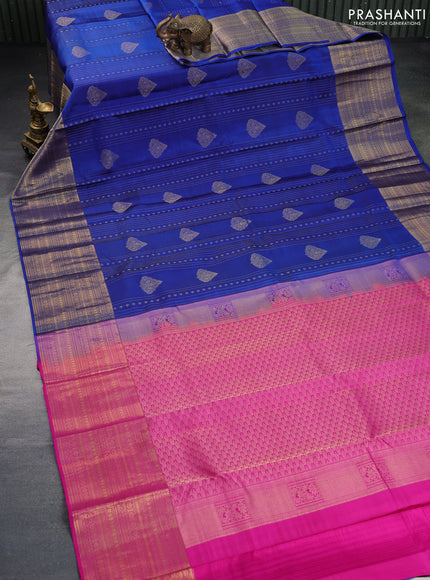 Pure kanchipuram silk saree blue and pink with allover zari weaves and zari woven border