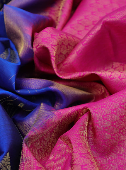 Pure kanchipuram silk saree blue and pink with allover zari weaves and zari woven border