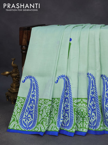 Bishnupuri silk saree pastel green and green blue with butta prints and paisley printed border