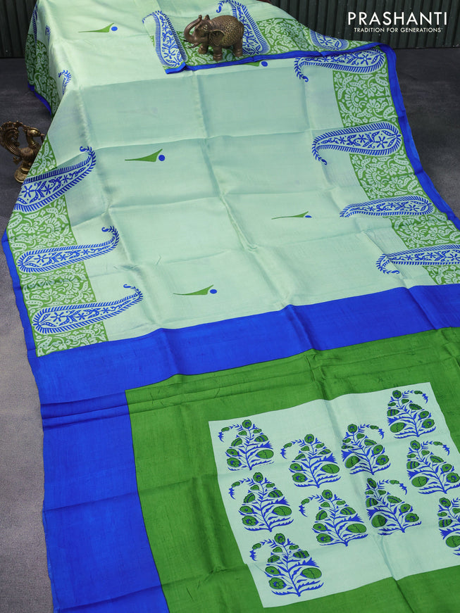 Bishnupuri silk saree pastel green and green blue with butta prints and paisley printed border