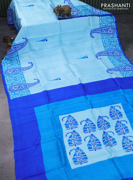 Bishnupuri silk saree light blue and cs blue blue with butta prints and paisley printed border