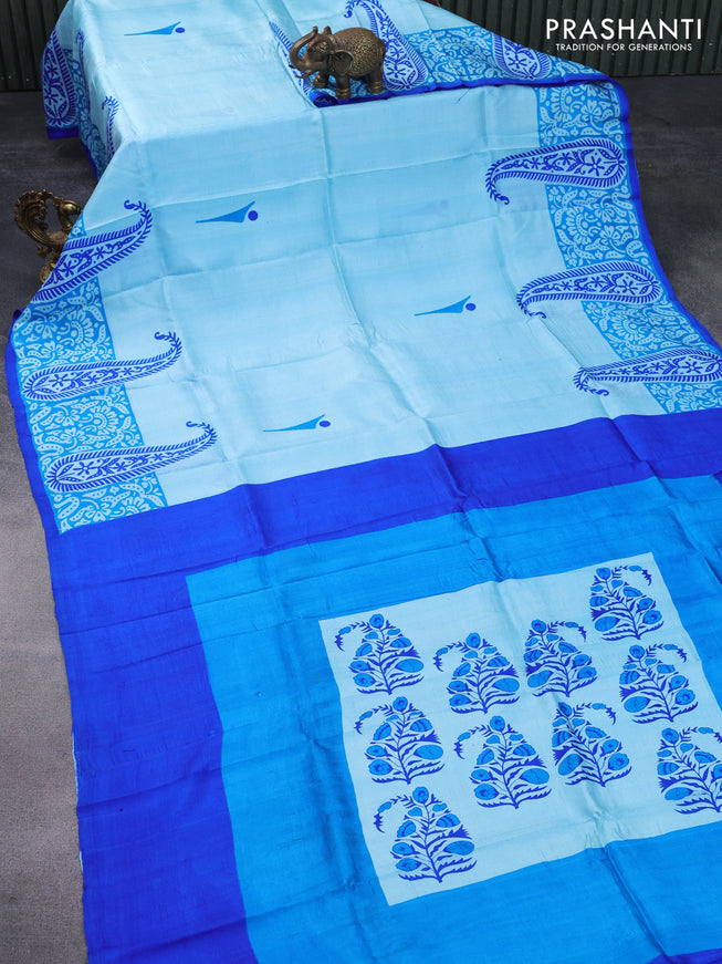 Bishnupuri silk saree light blue and cs blue blue with butta prints and paisley printed border