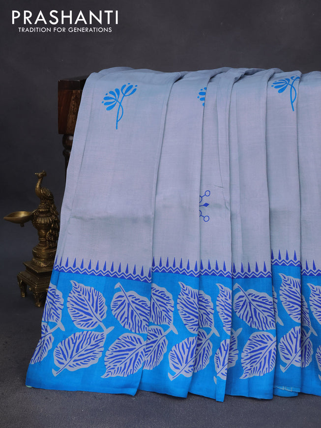 Bishnupuri silk saree pastel blue and cs blue with butta prints and leaf printed border