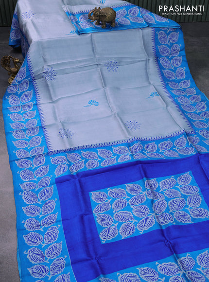 Bishnupuri silk saree pastel blue and cs blue with butta prints and leaf printed border