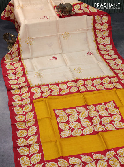 Bishnupuri silk saree sandal and red with butta prints and leaf printed border