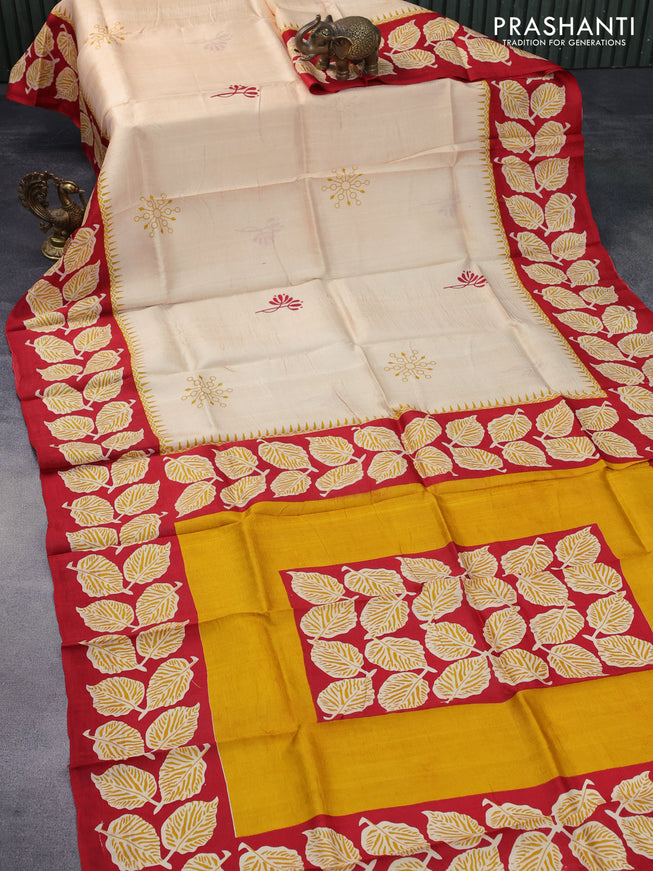 Bishnupuri silk saree sandal and red with butta prints and leaf printed border