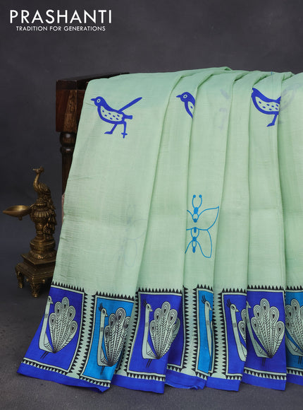 Bishnupuri silk saree pastel green and blue with butta prints and printed border