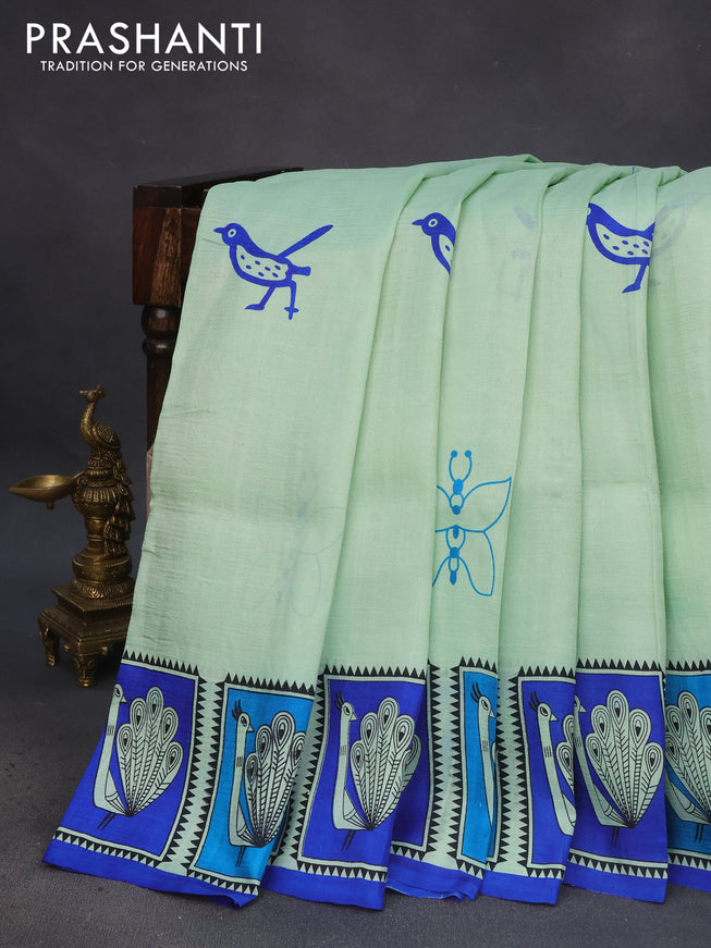 Bishnupuri silk saree pastel green and blue with butta prints and printed border