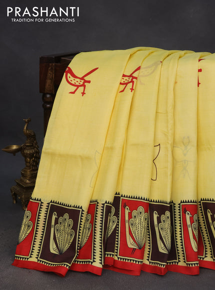 Bishnupuri silk saree pale yellow and red with butta prints and printed border