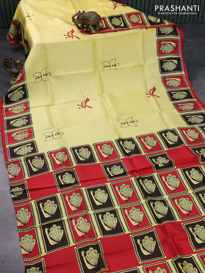 Bishnupuri silk saree pale yellow and red with butta prints and printed border