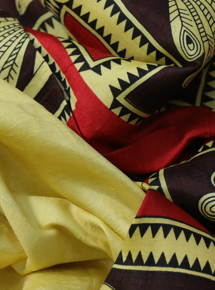 Bishnupuri silk saree pale yellow and red with butta prints and printed border