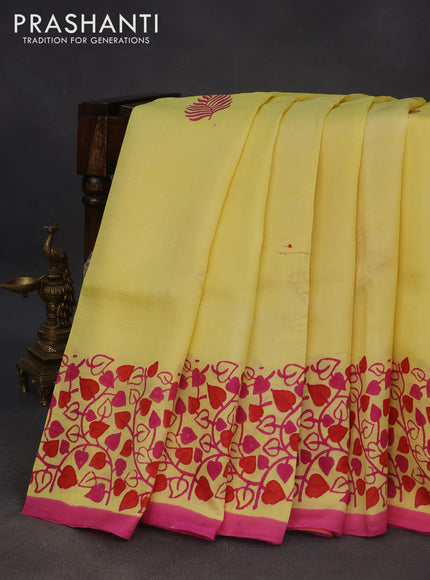 Bishnupuri silk saree pale yellow and pink with butta prints and printed border