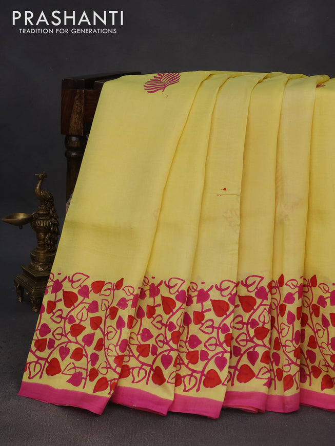 Bishnupuri silk saree pale yellow and pink with butta prints and printed border