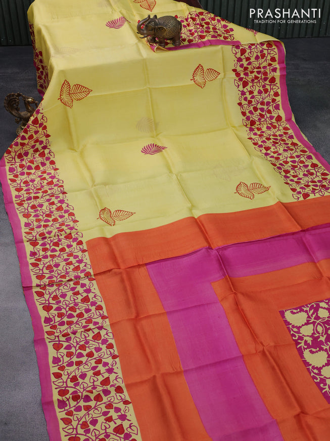 Bishnupuri silk saree pale yellow and pink with butta prints and printed border