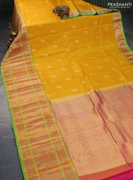 Pure kanchipuram silk saree mustard yellow and green with zari woven buttas and long annam zari woven border