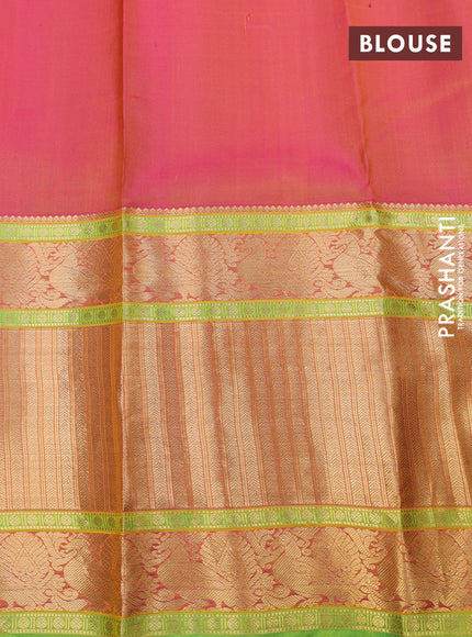 Pure kanchipuram silk saree mustard yellow and green with zari woven buttas and long annam zari woven border