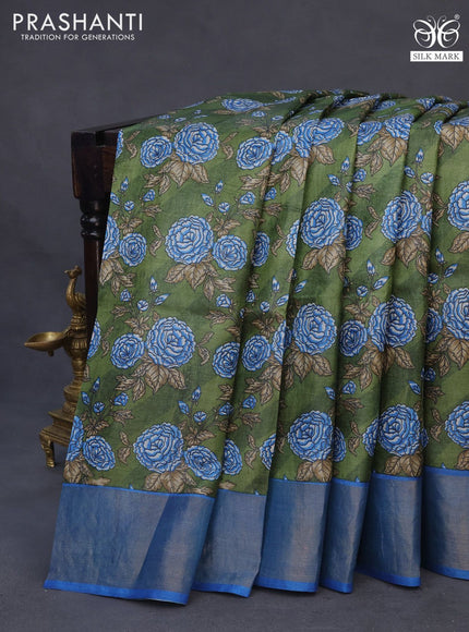 Pure tussar silk saree sap green and cs blue with floral prints and zari woven border