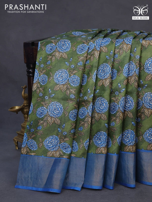 Pure tussar silk saree sap green and cs blue with floral prints and zari woven border