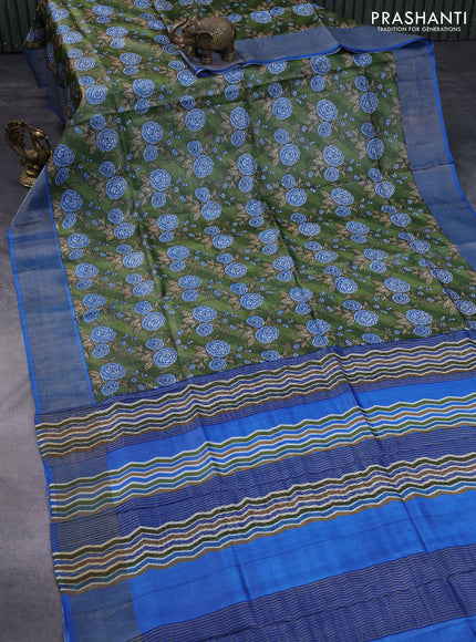 Pure tussar silk saree sap green and cs blue with floral prints and zari woven border