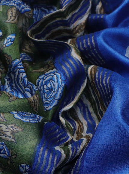 Pure tussar silk saree sap green and cs blue with floral prints and zari woven border