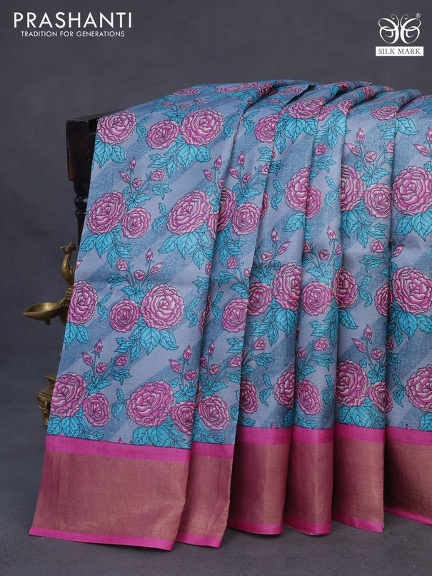 Pure tussar silk saree grey and pink with floral prints and zari woven border