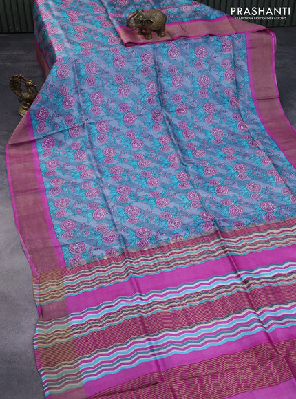 Pure tussar silk saree grey and pink with floral prints and zari woven border