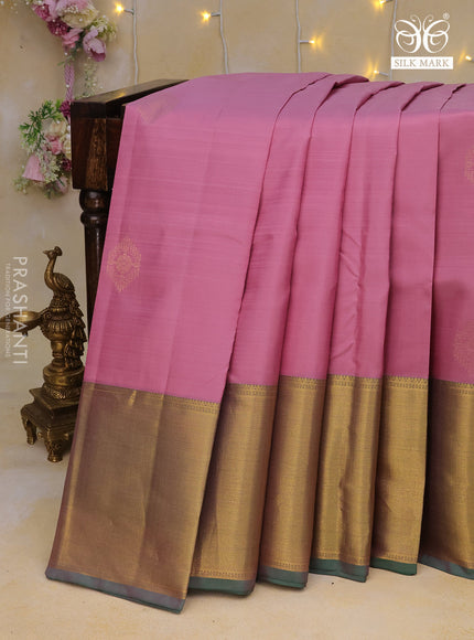 Pure kanchipuram silk saree mauve pink and dual shade of green with zari woven buttas and long zari woven border