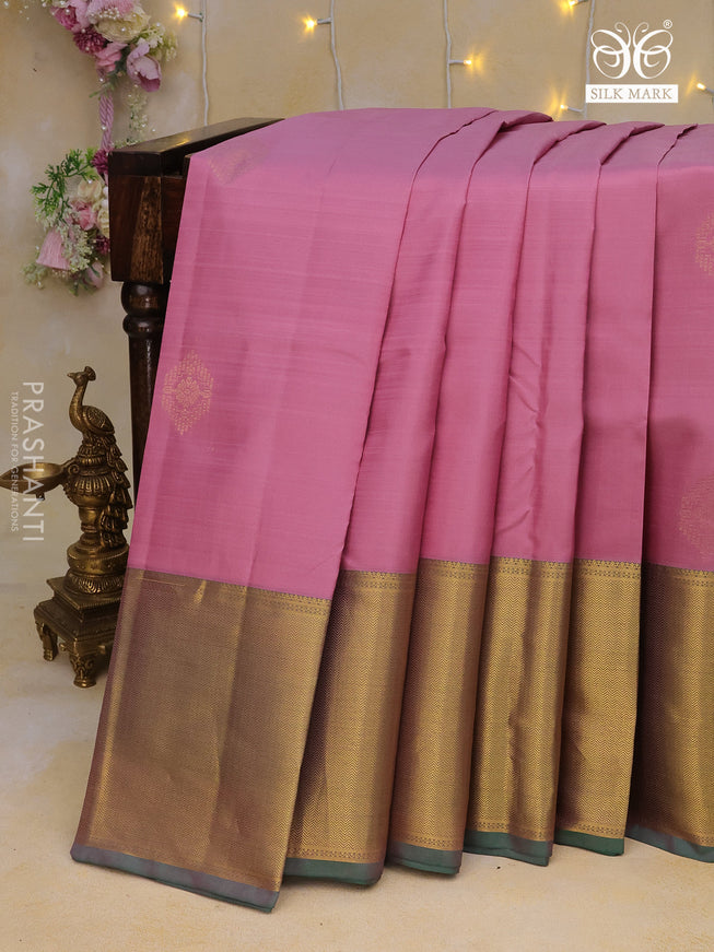 Pure kanchipuram silk saree mauve pink and dual shade of green with zari woven buttas and long zari woven border