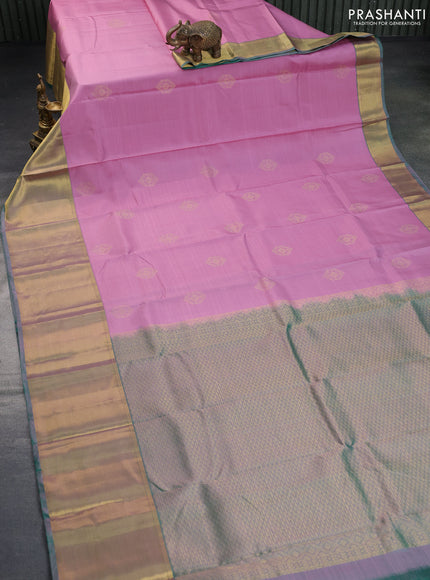 Pure kanchipuram silk saree mauve pink and dual shade of green with zari woven buttas and long zari woven border