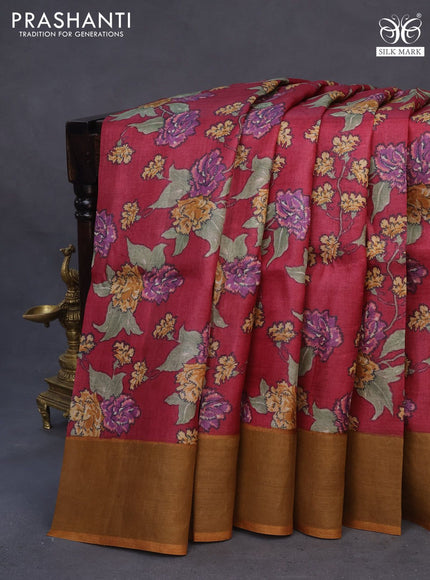 Pure tussar silk saree maroon and mustard yellow with allover floral prints and zari woven border