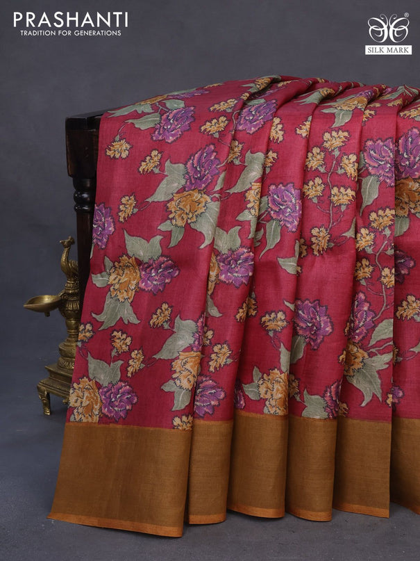 Pure tussar silk saree maroon and mustard yellow with allover floral prints and zari woven border