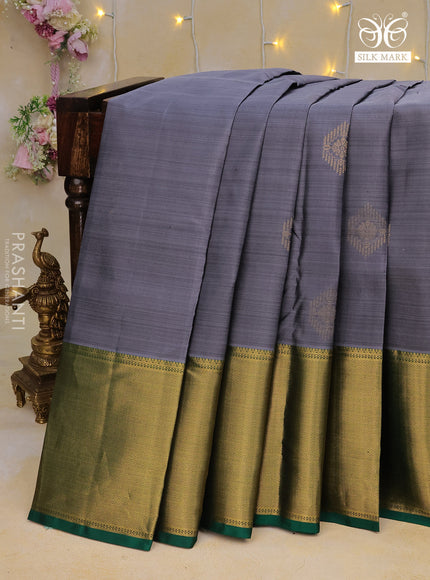 Pure kanchipuram silk saree grey and green with zari woven buttas and long zari woven border