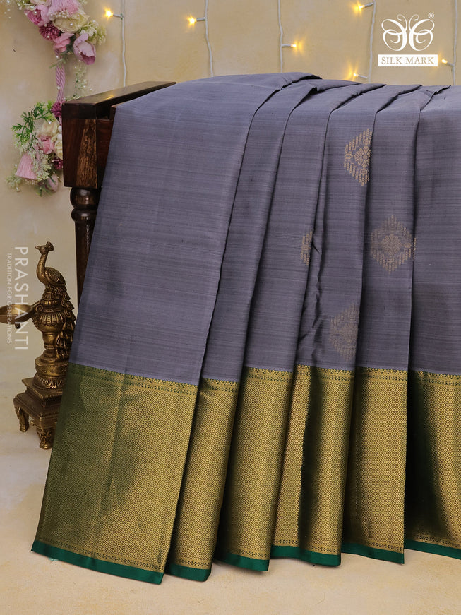 Pure kanchipuram silk saree grey and green with zari woven buttas and long zari woven border