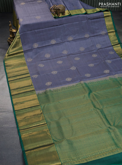 Pure kanchipuram silk saree grey and green with zari woven buttas and long zari woven border