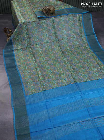 Pure tussar silk saree sap green and cs blue with allover prints and zari woven border