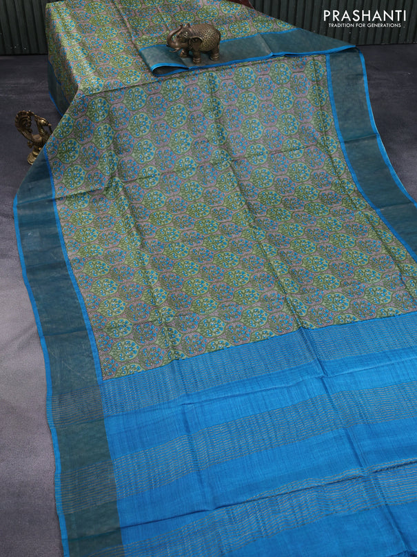 Pure tussar silk saree sap green and cs blue with allover prints and zari woven border