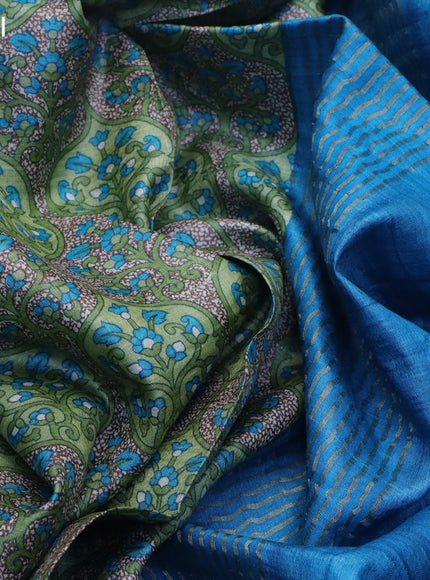 Pure tussar silk saree sap green and cs blue with allover prints and zari woven border