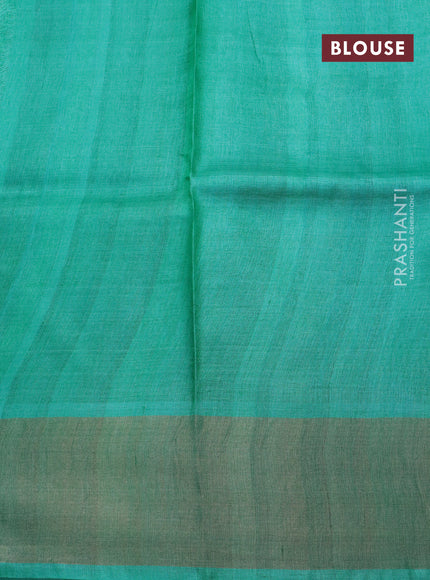 Pure tussar silk saree teal blue with allover geometric prints and zari woven border