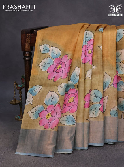 Pure tussar silk saree dark mustard and beige grey with floral hand painted prints and zari woven border