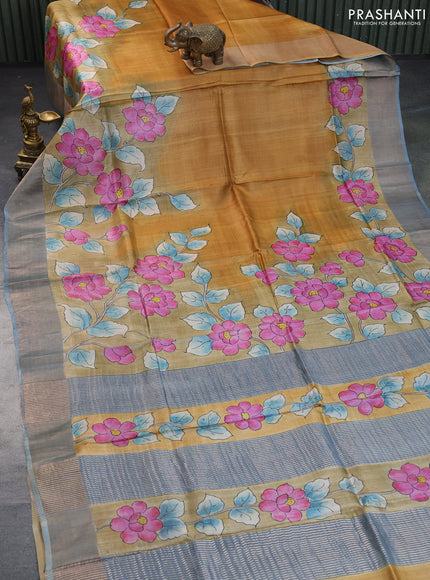 Pure tussar silk saree dark mustard and beige grey with floral hand painted prints and zari woven border